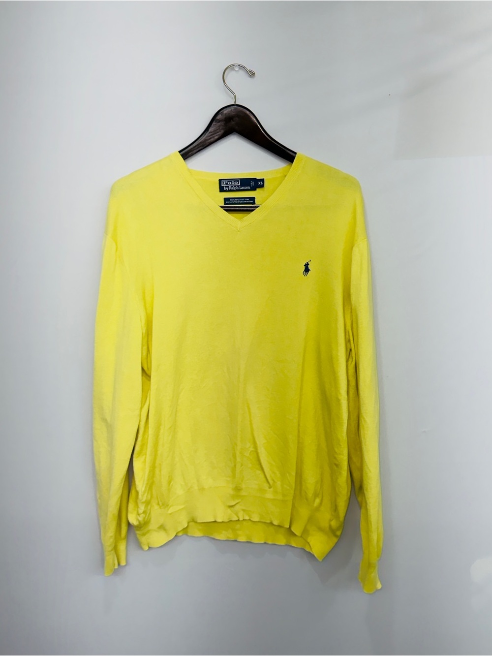 Polo Ralph Lauren Yellow V-Neck Sweater 100% Pima Cotton Large Blue Pony